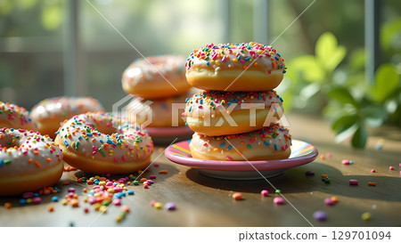 Delicious donuts with colorful sprinkles stacked on a plate showcasing a sweet treat confectionery delight 129701094