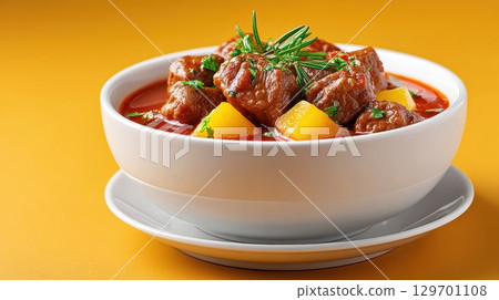 Delicious goulash with tender beef, vibrant potatoes, fresh herbs, and rich sauce in a white bowl on a bright background Delicious goulash with tender beef, vibrant potatoes, fresh herbs, and rich sauce in a white bowl on a bright background 129701108