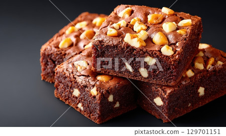 Deliciously Rich Dark Brownies with Crunchy Nuts on a Dark Background Perfect for Dessert Lovers and Food Enthusiasts 129701151