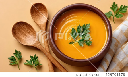 Creamy Pumpkin Soup in a Bowl with Fresh Parsley and Wooden Spoons on a Soft Orange Background 129701178