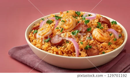 Delicious Jambalaya with Shrimp, Sausage, Onion, and Rice Served in a Bowl on a Pink Background 129701192
