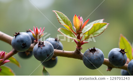 Beautiful blueberries ripening on a branch showcasing nature's bounty with fresh leaves and a natural backdrop the beautiful fruit 129701243