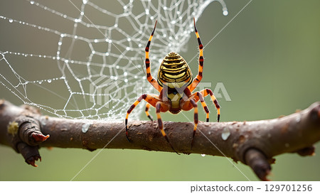 Argiope bruennichi on a branch with its web covered in water droplets in nature 129701256