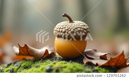 Autumn acorn still life with dry leaves on mossy ground in soft diffused light and blurry background 129701262