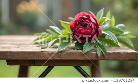 A vibrant red peony blossom with lush green foliage resting gracefully on a wooden surface 129701284