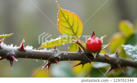A close-up of a thorny rose branch with a vibrant red rosehip and frost A close-up of a thorny rose branch with a vibrant red rosehip and frost 129701344