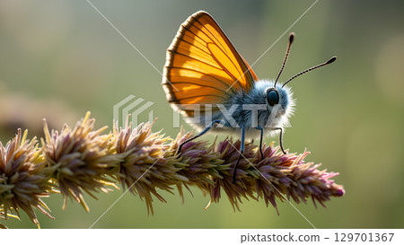 A Close-Up of a Pretty Orange Butterfly on a Spiked Plant, Under the Sunlight 129701367