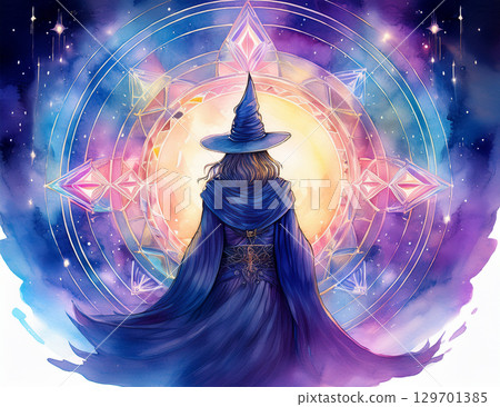 女巫背對鏡頭操縱魔法陣和燈光效果 129701385