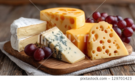 Assorted Cheeses with Grapes on Rustic Wooden Board Perfect for Entertaining and Culinary Delights 129701423