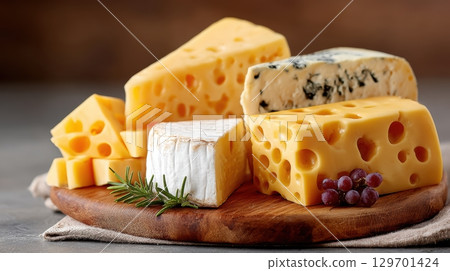 Assorted Cheese Variety on Rustic Wooden Board with Grapes and Herbs for an Appetizing Culinary Presentation Assorted Cheese Variety on Rustic Wooden Board with Grapes and Herbs for an Appetizing Culinary Presentation 129701424