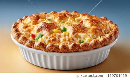 Deliciously Baked Chicken Pot Pie with Flaky Crust and Colorful Vegetables in a Round White Dish 129701439