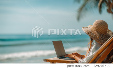 Woman working on laptop by the ocean, enjoying remote work and seaside freedom Woman working on laptop by the ocean, enjoying remote work and seaside freedom 129701500