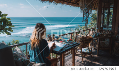 Artist sketching by the ocean on a tropical terrace with inspiring sea views 129701501