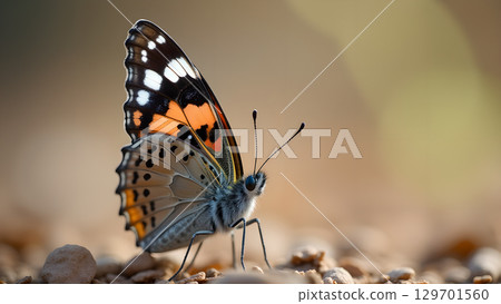 Captivating close up of a painted lady butterfly resting elegantly on the ground in nature Captivating close up of a painted lady butterfly resting elegantly on the ground in nature 129701560