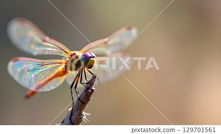 Captivating dragonfly resting on a twig, its iridescent wings catching the sunlight in a blurry background Captivating dragonfly resting on a twig, its iridescent wings catching the sunlight in a blurry background 129701561