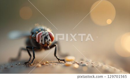 Detailed macro image of a common house fly with bright red eyes in natural light 129701565