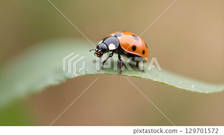 Detailed close up of a ladybug perched on a vibrant green leaf outdoors during daytime nature Detailed close up of a ladybug perched on a vibrant green leaf outdoors during daytime nature 129701572