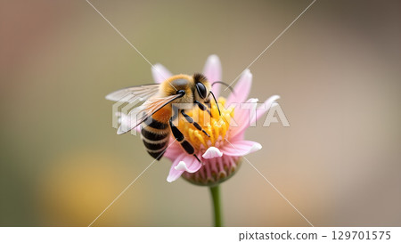 Detailed image showcasing a honeybee gathering nectar from a vibrant pink flower in nature Detailed image showcasing a honeybee gathering nectar from a vibrant pink flower in nature 129701575