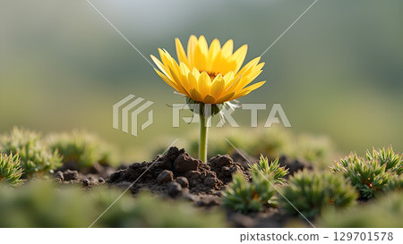 Radiant yellow flower emerging from the earth symbolizing growth and vitality in nature's embrace 129701578
