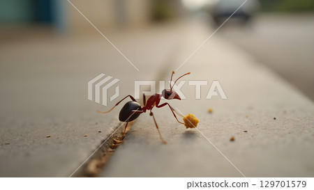 Determined ant carrying food on a long journey symbolizing teamwork determination and resilience in the insect world 129701579