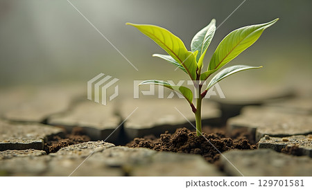 A small green plant sprouting from cracked earth symbolizes resilience and the power of nature renewal A small green plant sprouting from cracked earth symbolizes resilience and the power of nature renewal 129701581