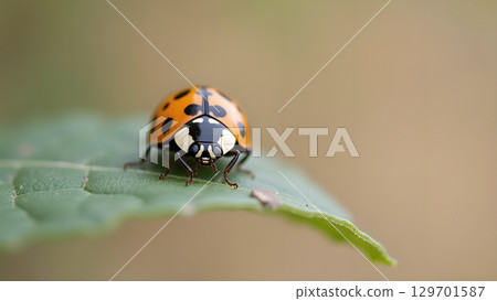 A captivating close up shot showcasing a vibrant ladybug resting gracefully on a lush green leaf in nature 129701587