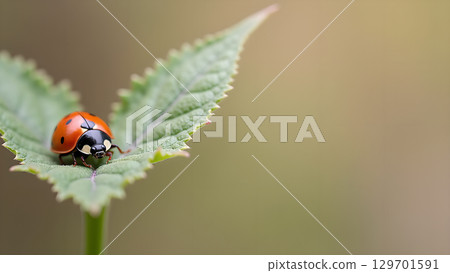 Close-up of a ladybug perched gracefully on a vibrant green leaf in nature's embrace 129701591