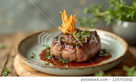 Juicy grilled beef steak served with flavorful sauce and garnished with fresh herbs on a plate Juicy grilled beef steak served with flavorful sauce and garnished with fresh herbs on a plate 129701602