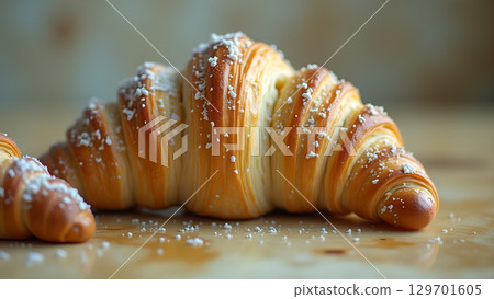 Delicious croissant with powder sugar on wooden surface showcasing tempting pastry perfection for breakfast 129701605