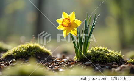 Beautiful sunny yellow daffodil flower growing outdoors, springtime bloom and nature photography in a garden 129701663