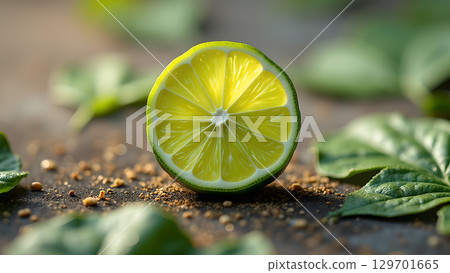 Close-up image of a fresh lime slice surrounded by vibrant green basil leaves Close-up image of a fresh lime slice surrounded by vibrant green basil leaves 129701665