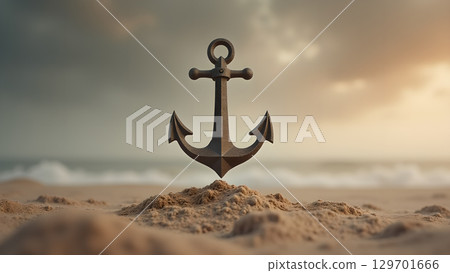 Coastal serenity an anchor on sandy beach evoking maritime past peaceful ocean view soft light Coastal serenity an anchor on sandy beach evoking maritime past peaceful ocean view soft light 129701666