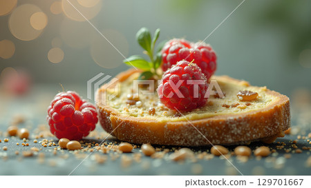 Delicious raspberry and bread dessert showcases culinary creativity ideal for blogs and food magazines with creative shots Delicious raspberry and bread dessert showcases culinary creativity ideal for blogs and food magazines with creative shots 129701667