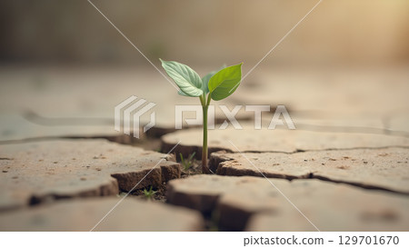 Resilience of life a sprout emerges from cracked earth representing hope and renewal amidst adversity 129701670