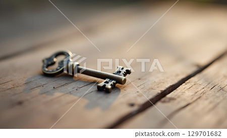 Antique key resting on weathered wood planks evokes mystery and possibilities hinting at unlockings and revelations Antique key resting on weathered wood planks evokes mystery and possibilities hinting at unlockings and revelations 129701682