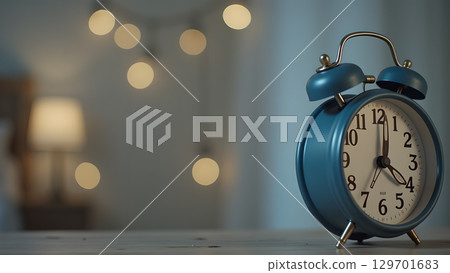 Vintage blue alarm clock with soft lighting in a cozy bedroom setting perfect for relaxation 129701683