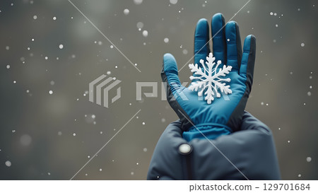 Close up of a hand in a glove holding a snowflake as snow falls gently Close up of a hand in a glove holding a snowflake as snow falls gently 129701684