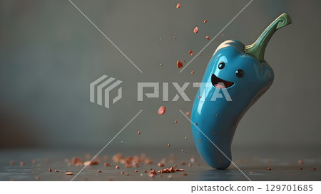 Cheerful blue chili pepper with a smiling face surrounded by spice particles, perfect for culinary themed designs Cheerful blue chili pepper with a smiling face surrounded by spice particles, perfect for culinary themed designs 129701685