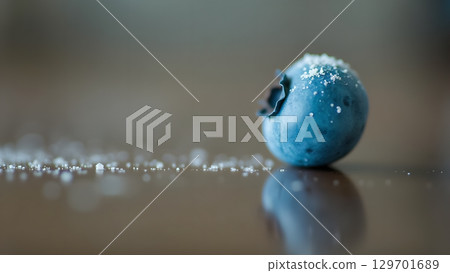 Captivating close up of a single blueberry adorned with sugar crystals showcasing natural beauty and freshness Captivating close up of a single blueberry adorned with sugar crystals showcasing natural beauty and freshness 129701689