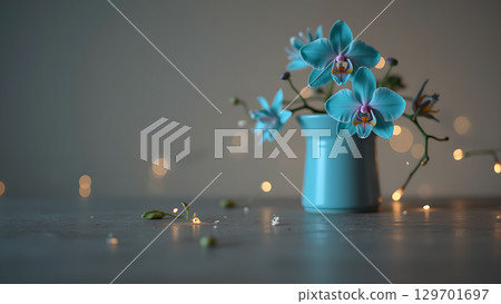 Elegant turquoise orchids in a vase with a festive bokeh background creating a calming ambience 129701697