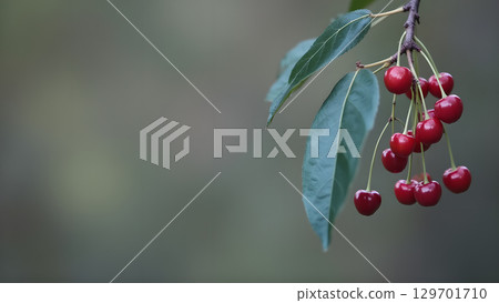Close up photography of fresh red cherries hanging on branch with green leaves nature background Close up photography of fresh red cherries hanging on branch with green leaves nature background 129701710
