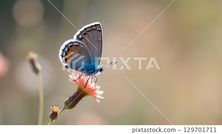 A stunning close up of a vibrant butterfly on a delicate flower showcasing nature's beauty A stunning close up of a vibrant butterfly on a delicate flower showcasing nature's beauty 129701711