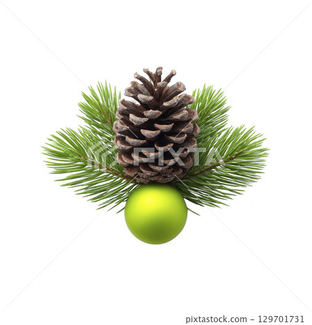 Pine cone rests atop vibrant green pine needles and bright green sphere, creating festive and natural arrangement 129701731