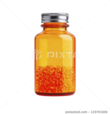 Clear glass bottle with metal cap contains vibrant orange beads, creating striking visual contrast. beads fill lower half of bottle, adding pop of color 129701808