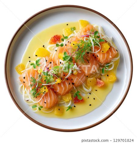 Thinly Sliced Arctic Char Cured in Yuzu Juice with Shaved Daikon and Blood Orange Segments 129701824