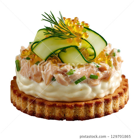 Gourmet Smoked Trout Mousse on Pumpernickel Cracker with Pickled Cucumber Ribbons and Dill Garnish 129701865