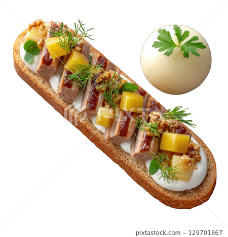 Smoked Eel Rillette on Crisp Rye Toast with Pickled Apple Cubes and Horseradish Cream Garnish Smoked Eel Rillette on Crisp Rye Toast with Pickled Apple Cubes and Horseradish Cream Garnish 129701867