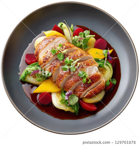 Sliced Roasted Pheasant Breast with Sloe Gin Jus and Colorful Vegetable Garnish on Elegant Plate Sliced Roasted Pheasant Breast with Sloe Gin Jus and Colorful Vegetable Garnish on Elegant Plate 129701878