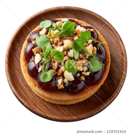 Delicious Duck Liver Pate Canape on Crisp Walnut Cracker Topped with Blackcurrant Gel and Fresh Microgreens 129701916