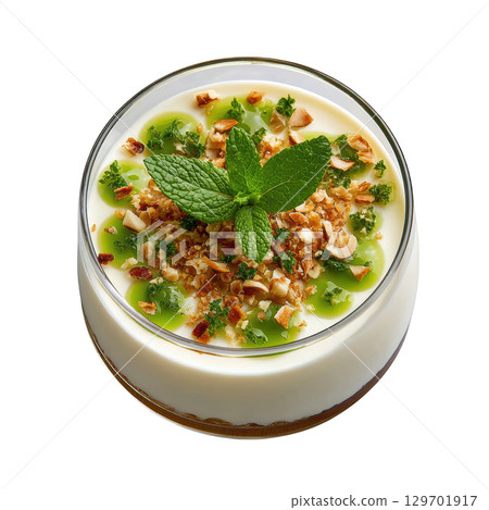 Elegant Elderflower Panna Cotta Dessert with Floral Infusion, Topped with Gooseberry Gel and Candied Blossoms 129701917